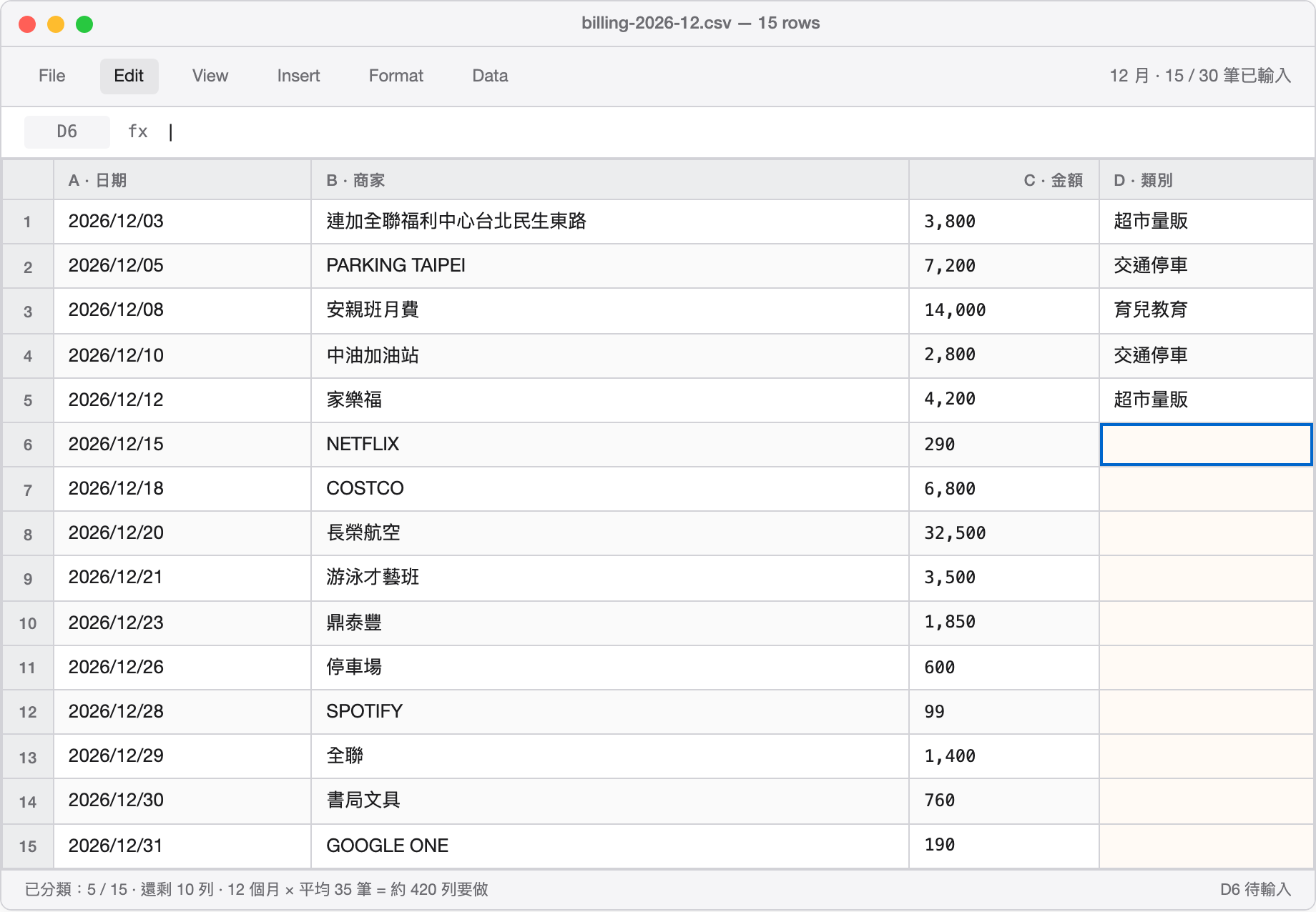 試算表畫面：12 月份 15 筆交易，前 5 筆已手動填入類別（超市量販／交通停車／育兒教育），D6 儲存格游標停在 NETFLIX 那列等待輸入；底部狀態列提示「12 個月 × 平均 35 筆 = 約 420 列要做」