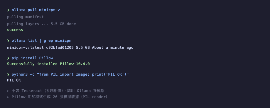 實驗環境：ollama 已裝 gemma4:12b（7.6 GB）+ Pillow + Python 3.12（注意：截圖是早期 minicpm-v 階段，整體 setup 流程相同）