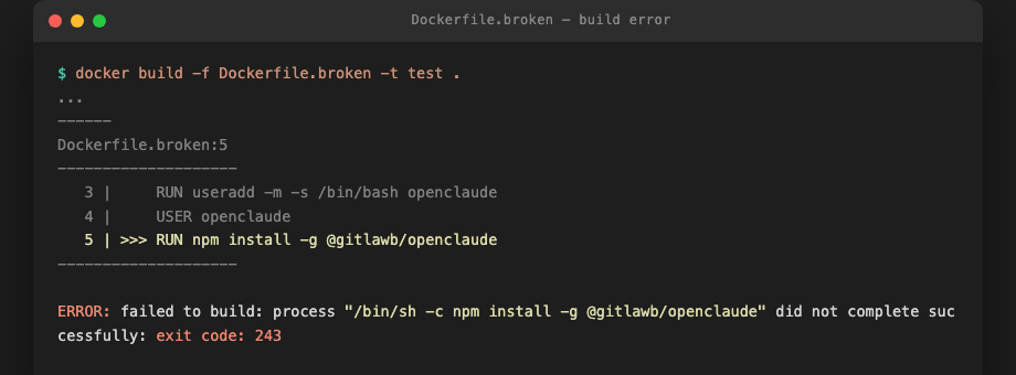Docker build 失敗：npm install -g 在非 root 用戶執行 exit code 243